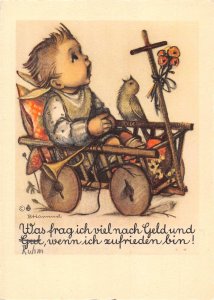 Children Boy in Cart Trumpet Musical Instrument Bird Art B Hummel postcard B702