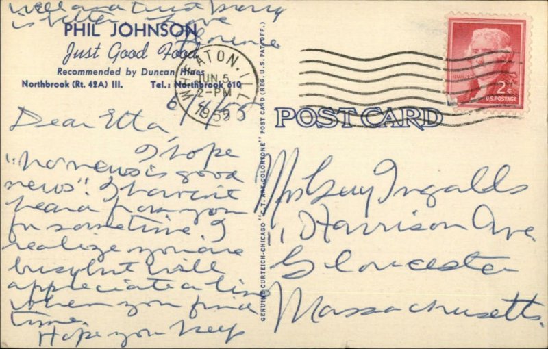 Northbrook IL Phil Johnson Restaurant Linen Postcard