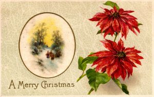 A Merry Christmas - Walking through the Snow - Poinsettias  - Embossed - in 1909