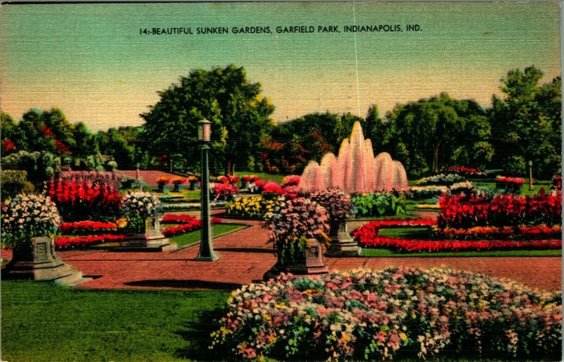 Sunken Gardens Garfield Park Indianapolis Indiana IN Linen Postcard 