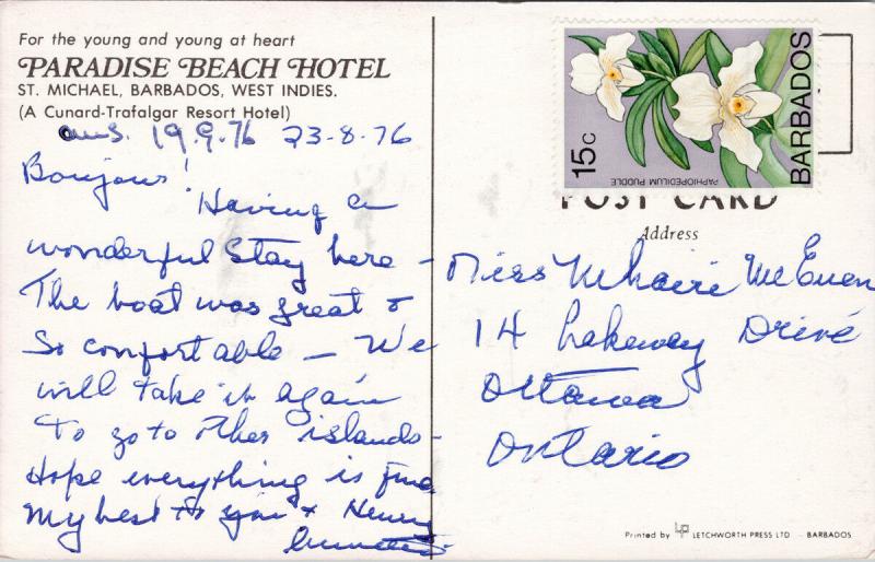 Paradise Beach Hotel St. Michael Barbados West Indies c1976 Vintage Postcard D73