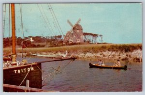 Canoe, Windmill At Old Mill Point, Cape Cod, West Harwich MA, Vintage Postcard