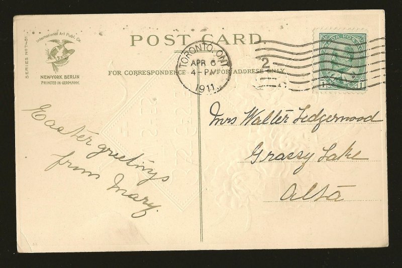 Postmarked 1911 Toronto Ont Best Easter Wishes Embossed Color Postcard