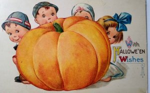 Halloween Postcard Children Behind Giant Pumpkin Winsch Back Gottschalk Dreyfuss