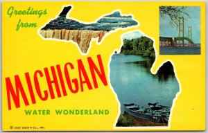 State of Michigan MI, Water Wonderland, Famous Places, Map, Greetings, Postcard