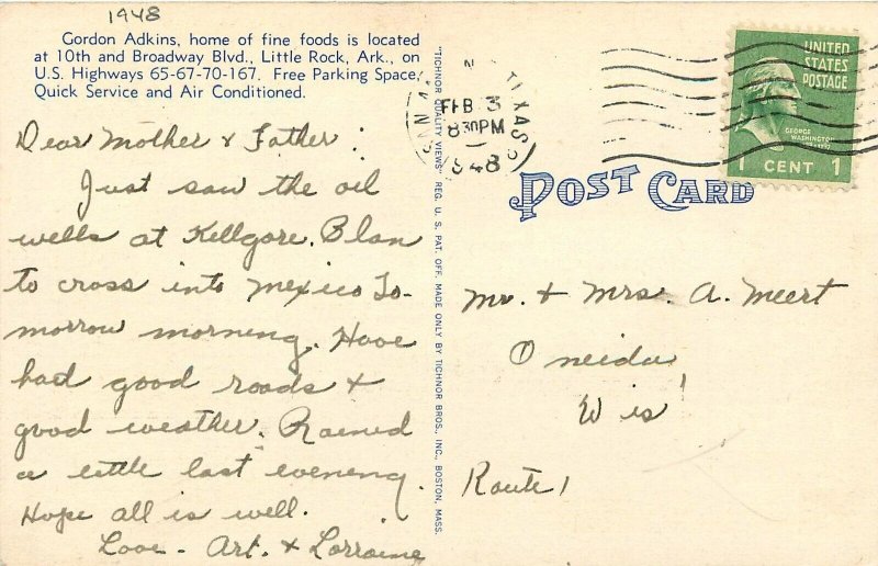 Postcard 1948 Arkansas Little Rock Gordon Adkins Restaurant occupation 23--13713