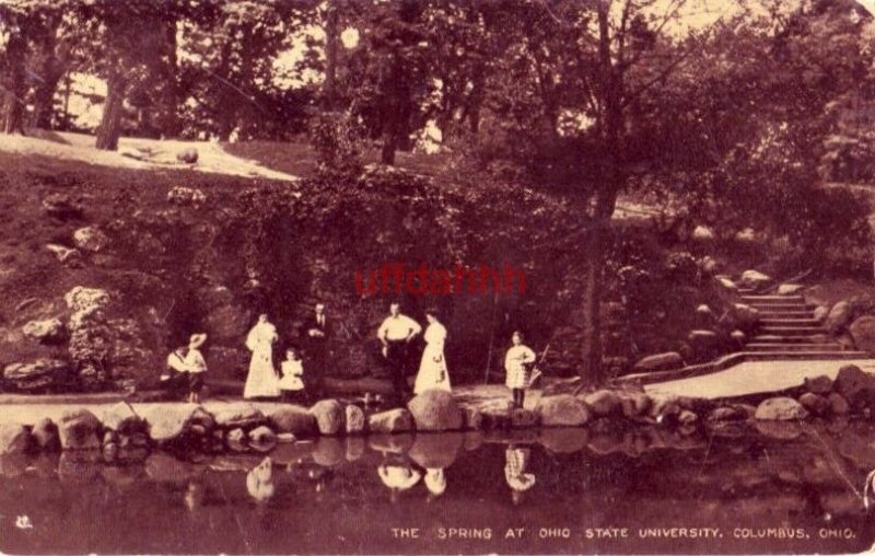 THE SPRING AT OHIO STATE UNIVERSITY, COLUMBUS, OH 1909 a group at edge of pond