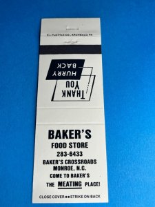 Vintage Matchbook Cover Baker's Food Store Monroe, North Carolina MB151