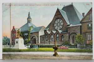 Newport RI Soldiers Monument and Presbyterian Church Postcard K9