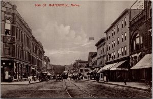 Postcard ME Waterville Main Street Clukey Libby Co. Car Shop Drug Store 1910 S88