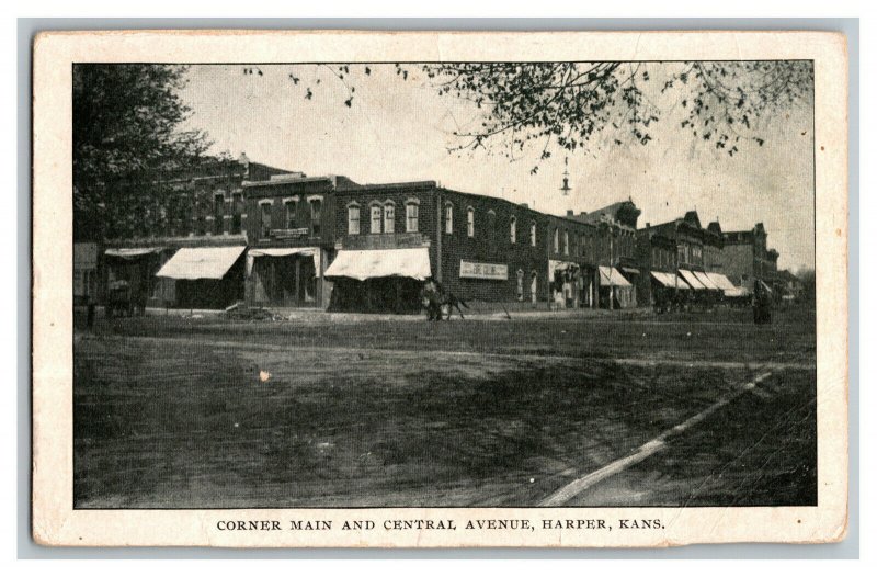 Corner Main and Central Avenue Harper Kansas Vintage Standard View Postcard