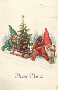 New Year greetings fantasy postcard dwarf gnomes with toys sledge Italy 1928