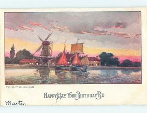 Pre-1907 signed SAILBOAT BOAT AND WINDMILL AT SUNSET HL6322