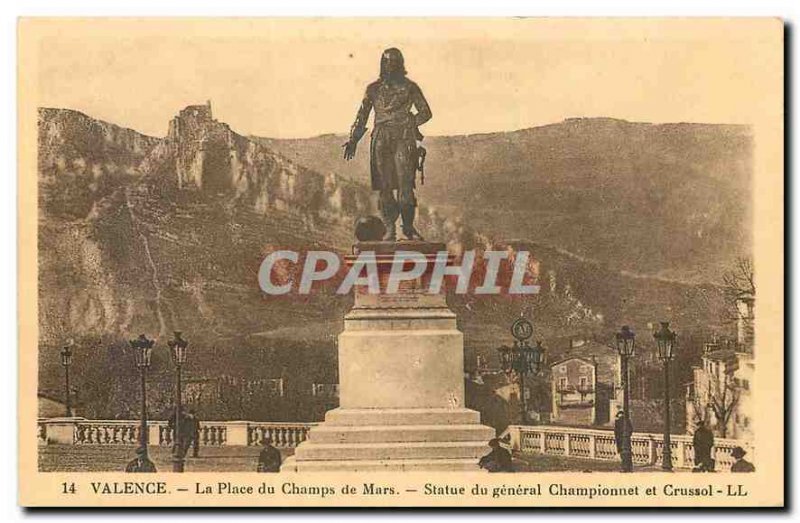 Old postcard Valencia Champs de Mars Square Statue of General Championnet and...