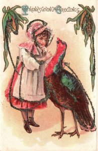 Thanksgiving Greetings Turkey Young Girl Holiday Vintage Postcard c1910