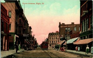 Vtg Postcard Elgin Illinoiis IL Grove Avenue Street View Kelley Hotel - V & Sons