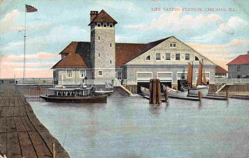 Life Saving Station Boats Launch Chicago Illinois 1907 postcard