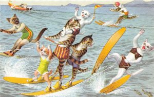 G91/ Dressed Cats Alfred Mainzer Postcard c1940s Water Skiing Skis 7