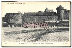 Old Postcard St Malo Le Chateau and the Beach has low Maree