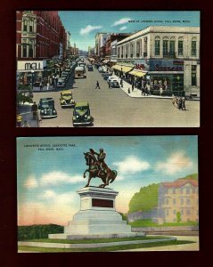 A40 Fall River, 2 Pcs. Monument, Auto's on Main St. Looking South, Linen Unused