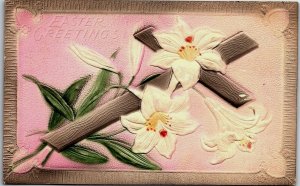 Vintage Embossed Airbrushed Easter Post Card Cross White Lilies P76