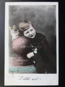 Young Boy with Two Kittens A LITTLE REST c1908 RP Postcard