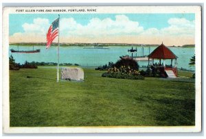 1940 Fort Allen Park And Harbor Boats Flag Portland Maine ME Vintage Postcard 