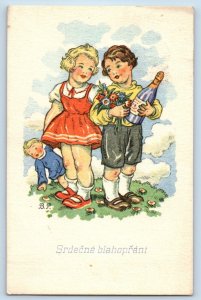 Czech Republic Postcard Children With Flowers And Champagne c1910's Antique