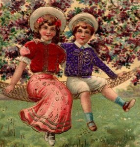 Vintage 1907 Postcard Cute Kids in Hammock in Purple Flowered Trees