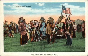 Vintage Postcard St Ignace Michigan MI American Indian War Dance AMERICAN FLAGS
