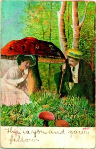 Vtg 1910s Postcard Hiding Under Giant MushroomVery Weird Unusual Comic Romance