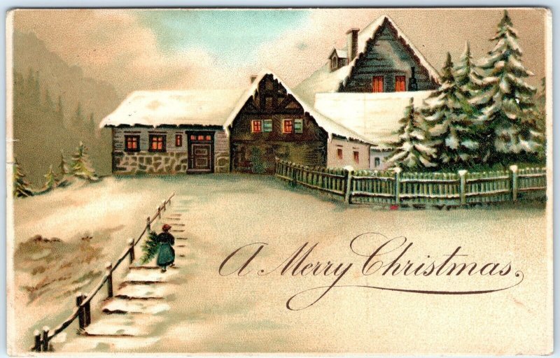 c1910s Beautiful German Colorful Lithograph Merry Christmas Postcard House A68