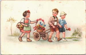 Victorian Kids Walking With Flowers Vintage Postcard 09.47