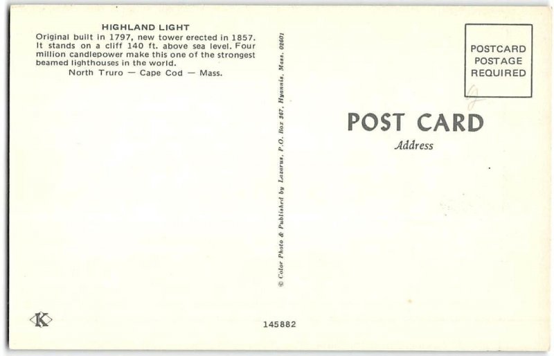 HIGHLAND LIGHT North Truro, Cape Cod, MA Night View Lighthouse Vintage Postcard