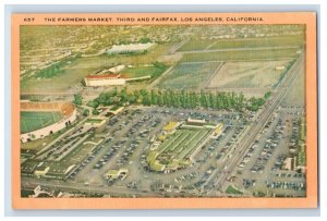 Vintage Bird's Eye View Farmers Market Lost Angeles Postcard F86E