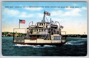 Ferry Boat Agoming, Sault Ste Marie MI And Sault Ste Marie ON, Linen Postcard