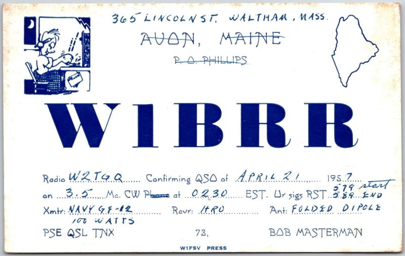 1957 QSL Radio Card Code W1BRR Avon Maine Amateur Radio Station Posted Postcard