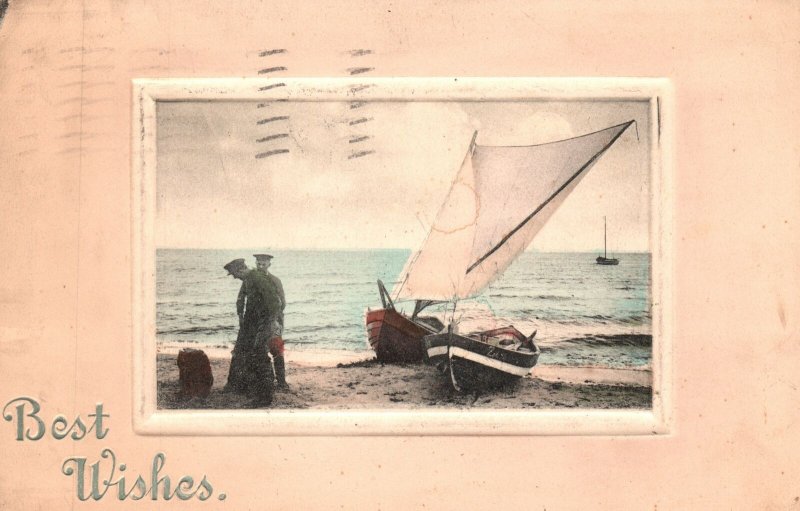 Best Wishes Greetings Military Sailboats Sea Ocean Scene Vintage Postcard 1911