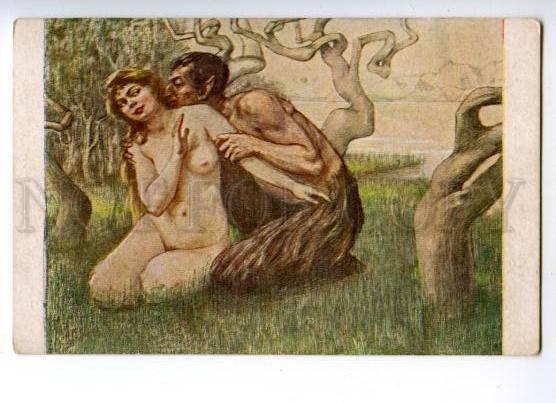 168861 NUDE Nymph & SATYR Pan FAUN by KLAKACHOVA vintage PC