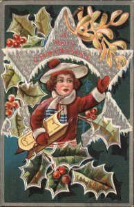Christmas Little Boy with Sled Winter Coat Hat Embossed Vintage Postcard