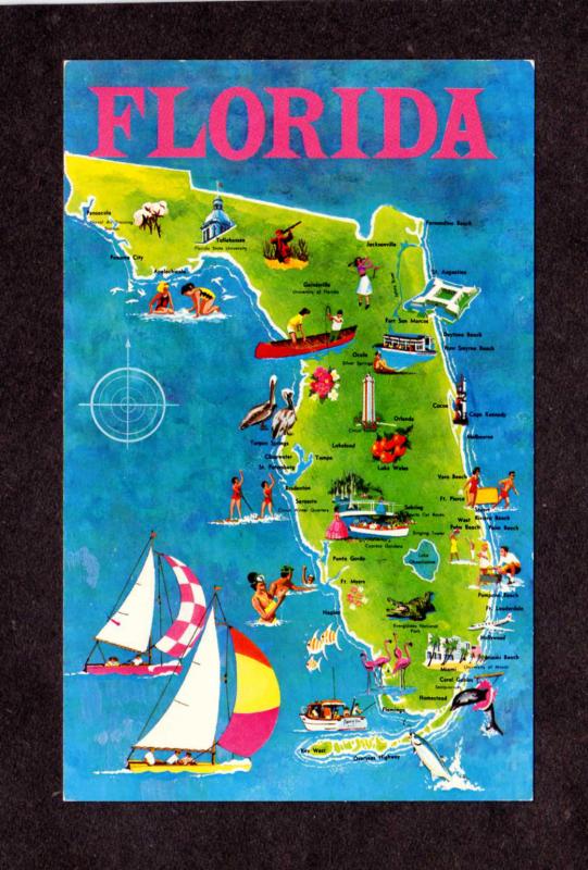 FL State Map Postcard Florida Tampa Ft Myers Vero Beach Coral Gables Miami