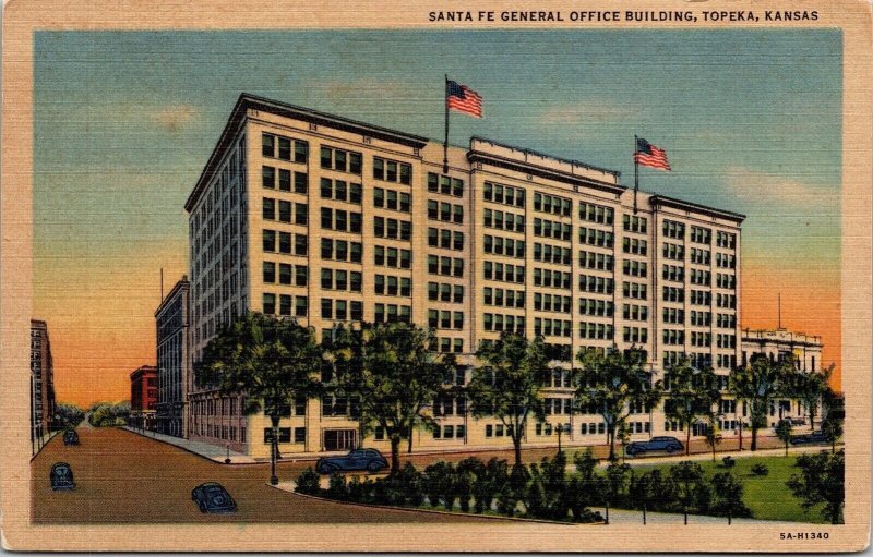 Santa Fe General Office Building Topeka Kansas KS Sunset Linen Postcard VTG UNP 