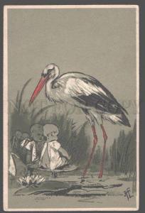 3099184 BABIES & STORK in Bog by AE vintage PFB #1591 PC