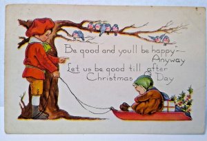 Christmas Postcard Whitney Children On Sled Row Of Bluebirds In Tree Branch 1920