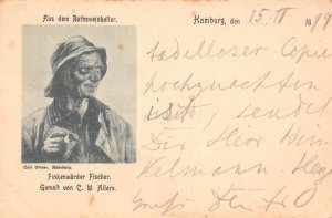 Germany 1899 Rathsweinkeller Fisherman Smoking Pipe Art CW Allers postcard B962