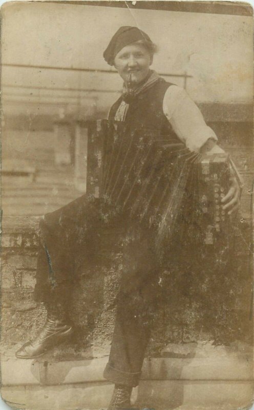 pipe smoker girl harmonica music instrument folk type early photo postcard