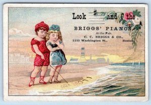 BOSTON MA*BRIGG'S PIANOS*COUPLE ON BEACH*CONEY ISLAND IN BACKGROUND*TRADE CARD