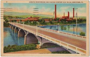 1950 Lewistown PA Juniata River Bridge & Viscose Company Silk Mills Old Postcard