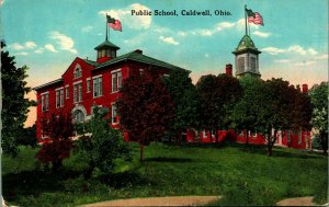 Public School Building American Flags Caldwell Ohio OH 1921 DB Postcard B8