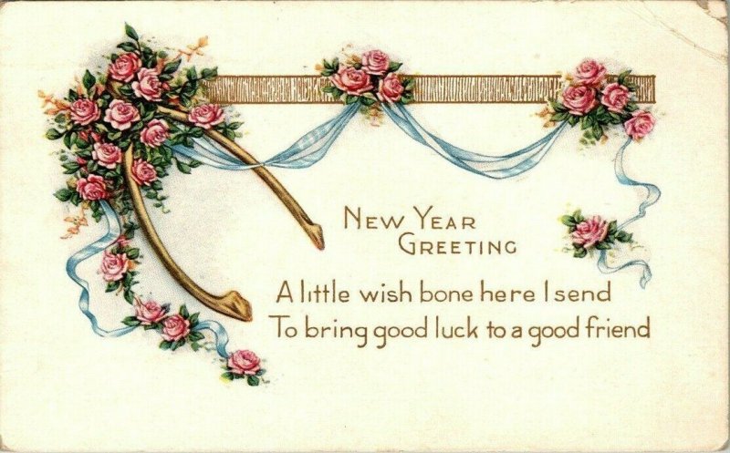 Vintage Postcard New Year Wish Bone 1918 Roses Monterey County California